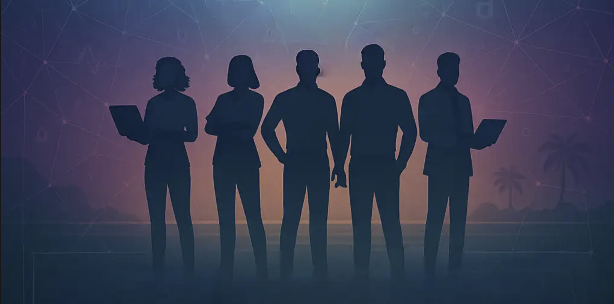 Professional tech team silhouettes with network connections and tropical backdrop